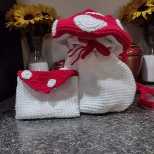 Handmade crochet mushroom theme purse and matching wallet
